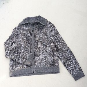 NWT St John | Knit Grey Tan White Zip Cardigan Wool Blend XL Granite